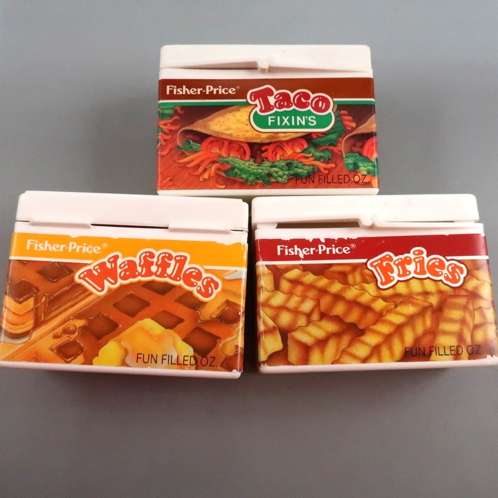 1987 Fisher Price Kid's Toy Kitchen French Fries Waffles Taco Fixins w Cases lot
